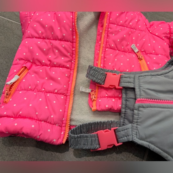 USED 24mo girls puffy snowsuit, Carter’s, pink/gray winter jacket & overalls - Picture 15 of 16
